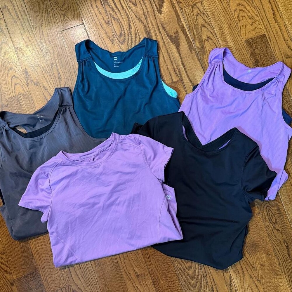 All in Motion and Avia purple, navy, grey and black workout tank tops and short
